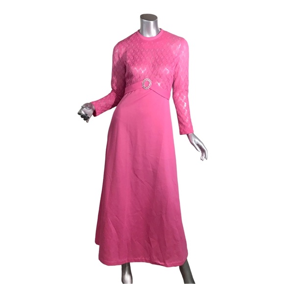 VINTAGE 70s Hot Pink Formal Maxi Dress Lace Crew Neck Long Sleeve Small Medium - Picture 1 of 16